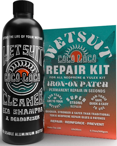 Coco Loco Wetsuit Repair Kit & Wetsuit Shampoo, Easy Iron On Patch & Cleaner For All Neoprene Wetsuits & Drysuit Kit